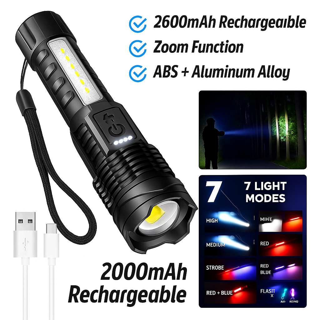 Anvara Zaklamp LED – Oplaadbaar via USB – 2000 lumen – Militaire & Krachtige zaklamp – 6 Modi – Zoomfunctie – Compact & Lichtgewicht