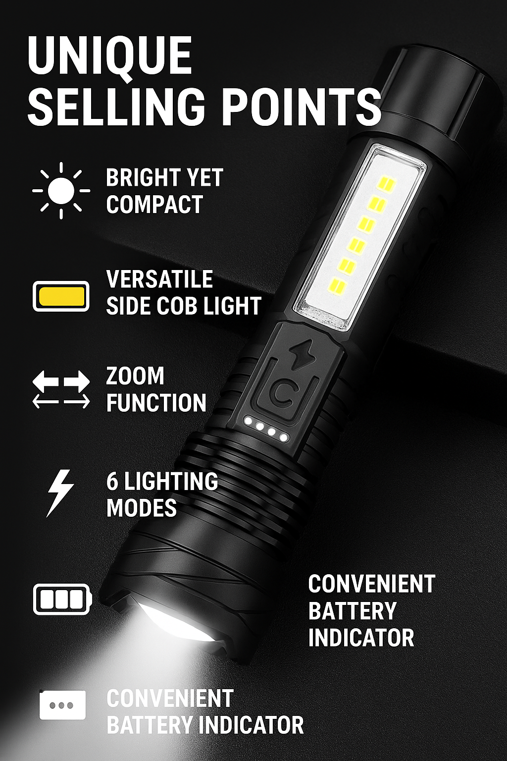 Anvara Zaklamp LED – Oplaadbaar via USB – 2000 lumen – Militaire & Krachtige zaklamp – 6 Modi – Zoomfunctie – Compact & Lichtgewicht