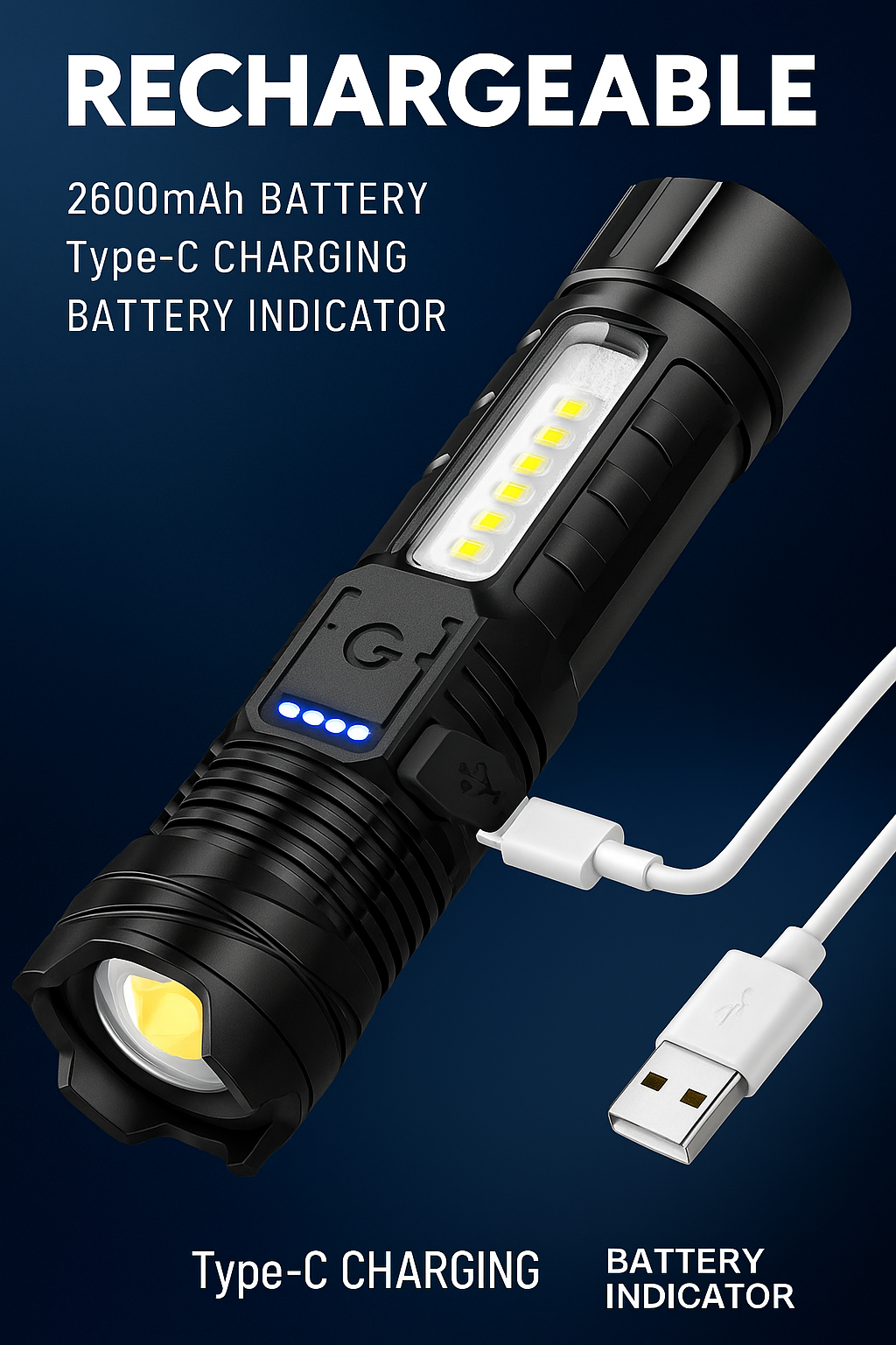 Anvara Zaklamp LED – Oplaadbaar via USB – 2000 lumen – Militaire & Krachtige zaklamp – 6 Modi – Zoomfunctie – Compact & Lichtgewicht